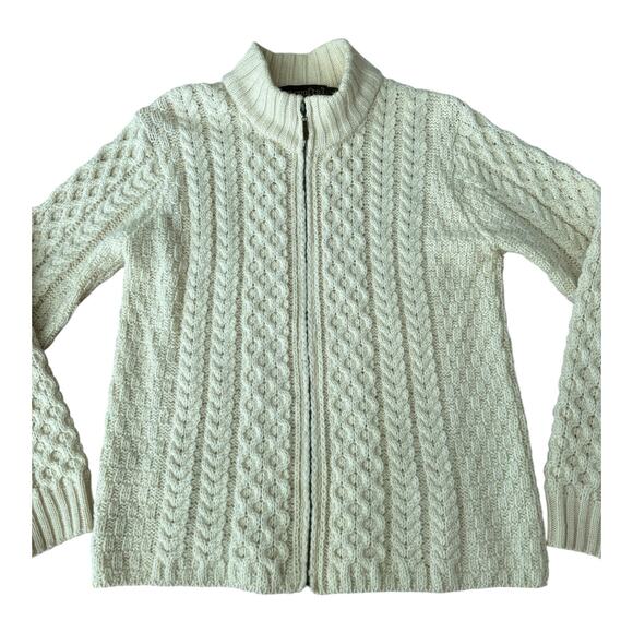 Inis Crafts Irish Cream Wool Zip Cable Knit high neck Cardigan size large - Picture 7 of 12